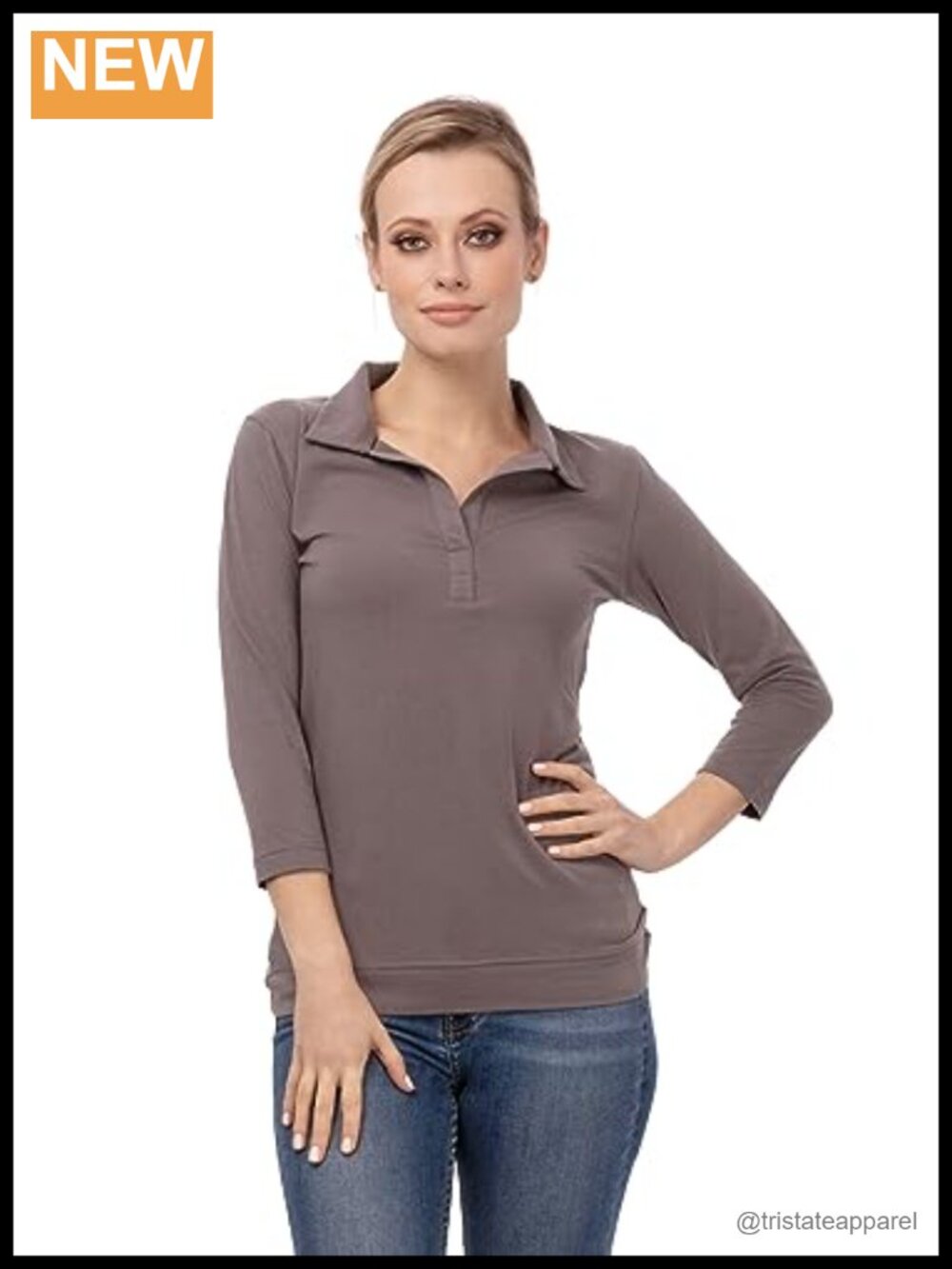 Chef Works Womens 3/4 Sleeve V-Neck Stretch Polo Mushroom Casual